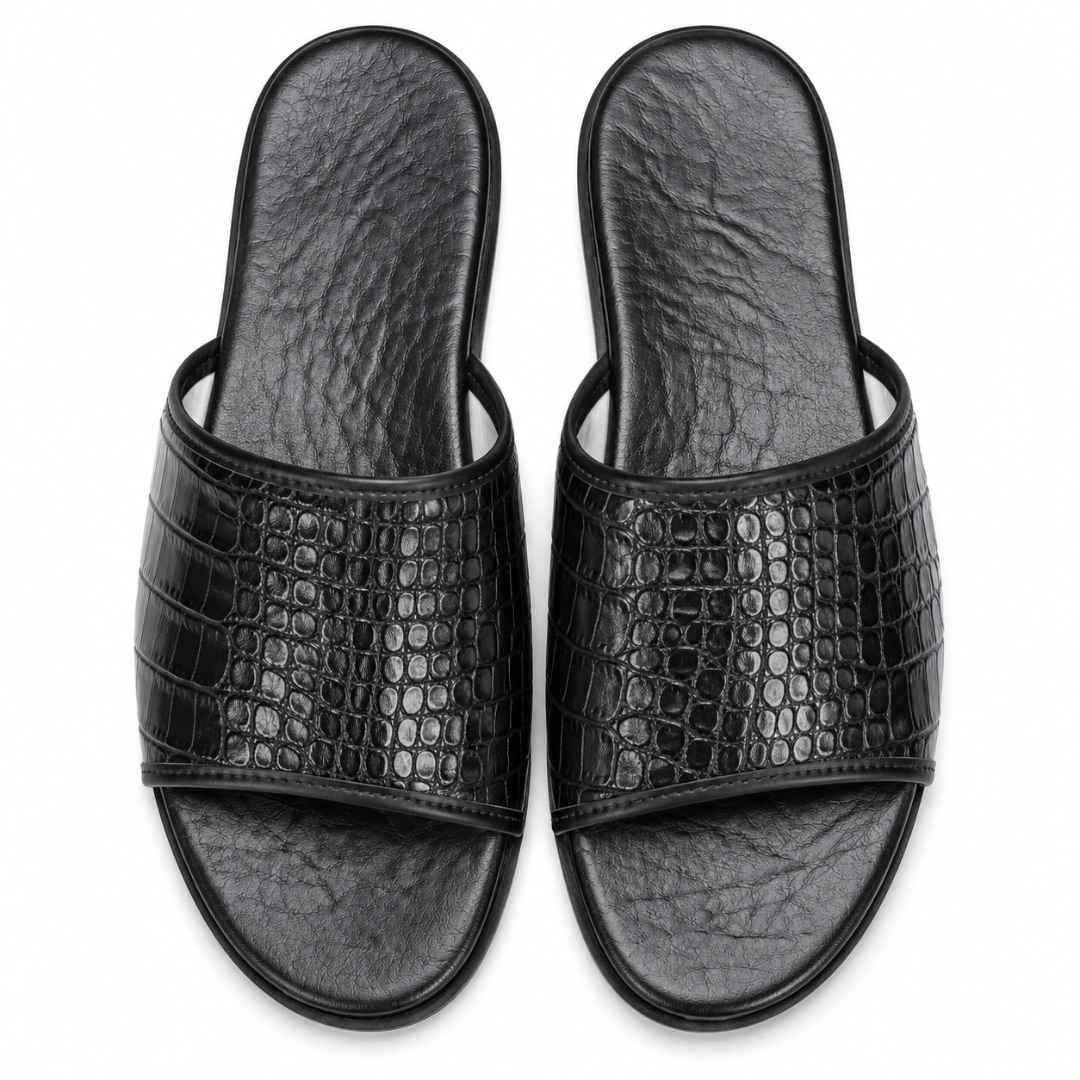 Premium Black Crocodile Embossed Mens Slide Slippers