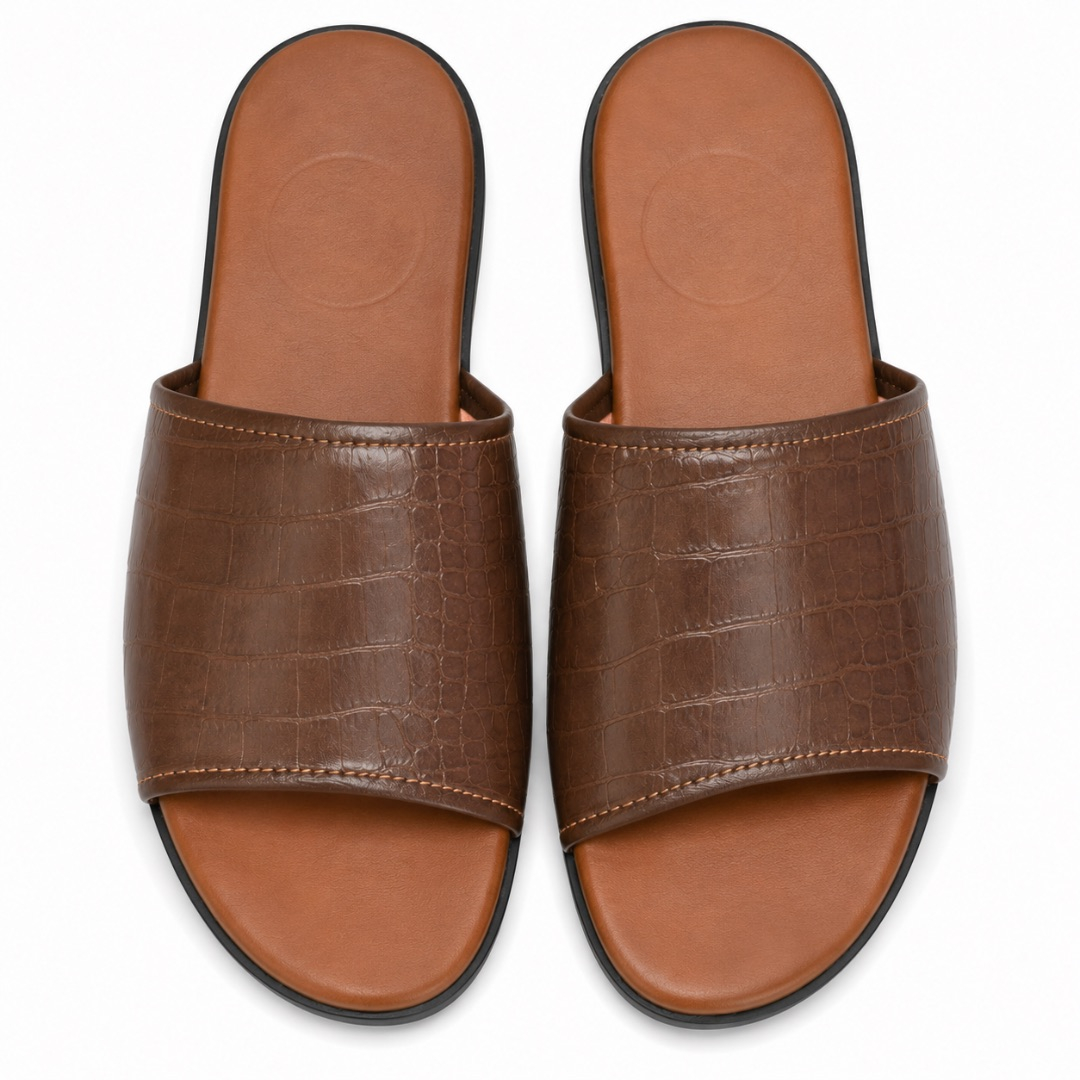 Premium Brown  Crocodile Embossed Mens Slide Slippers