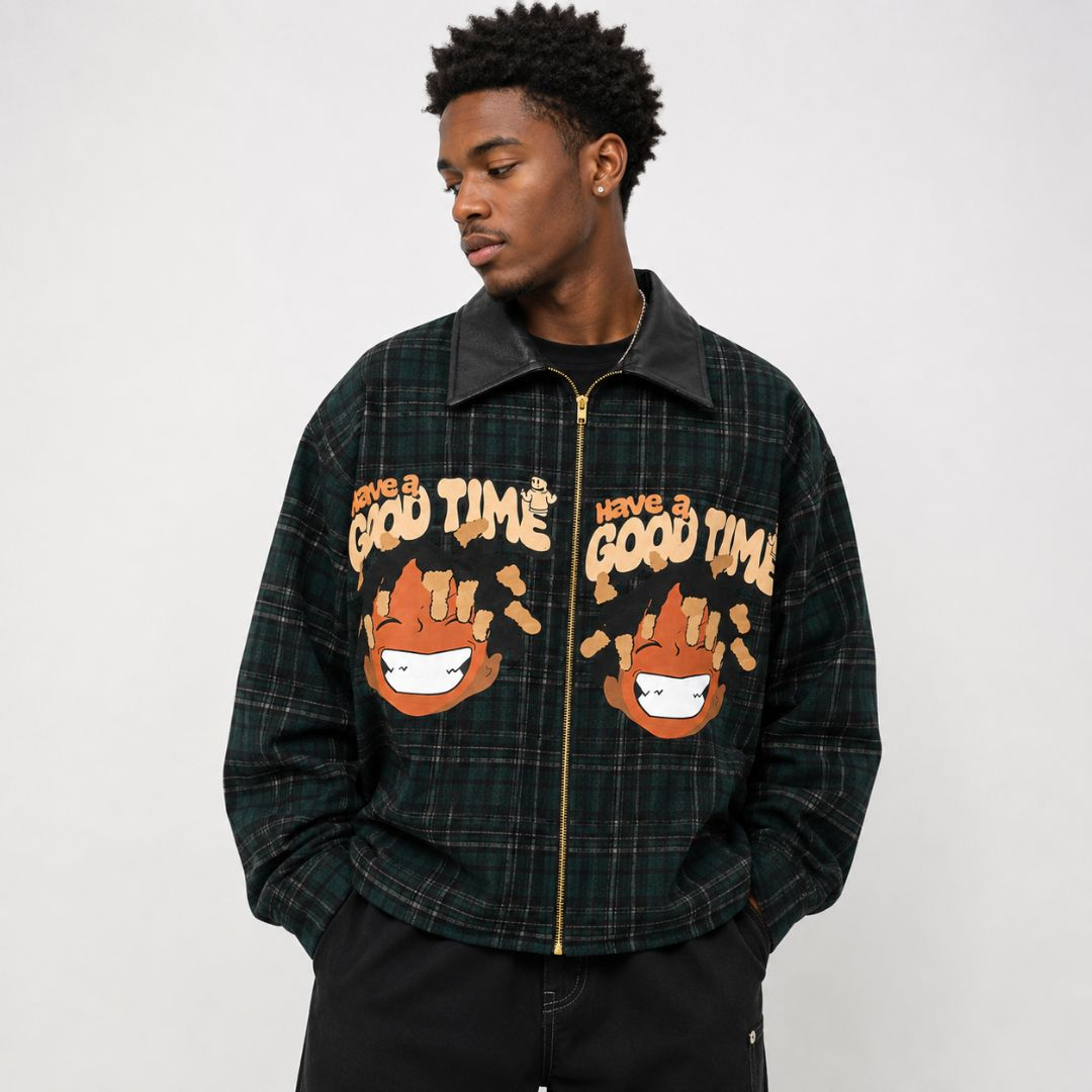 Unisex Urban Plaid Anime Graphic Zip Up Jacket