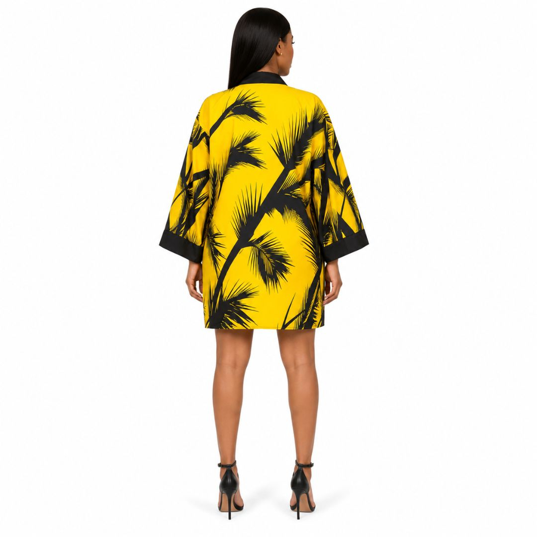 Vintage Yellow Palm Print Shirt Dress