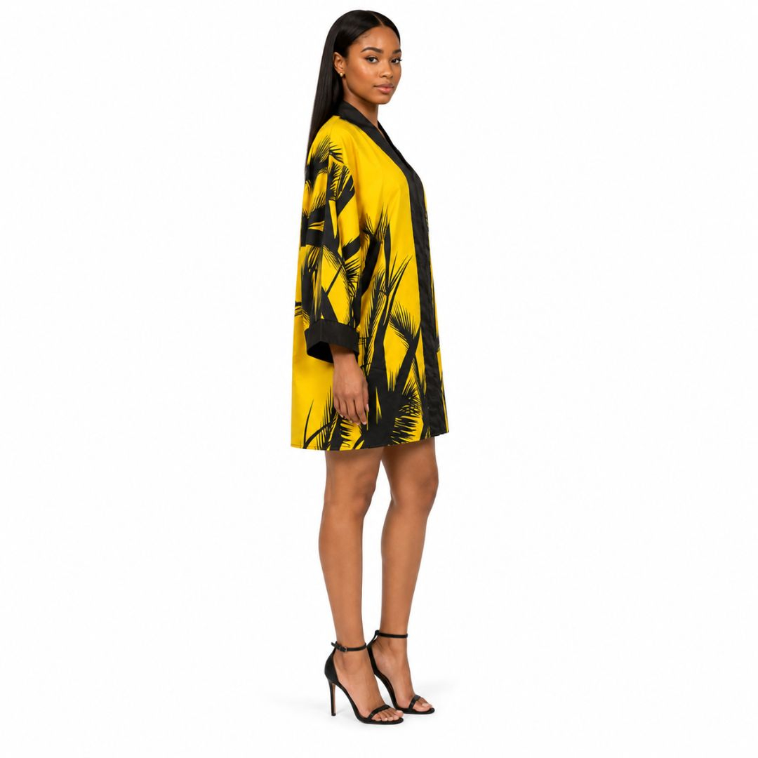 Vintage Yellow Palm Print Shirt Dress