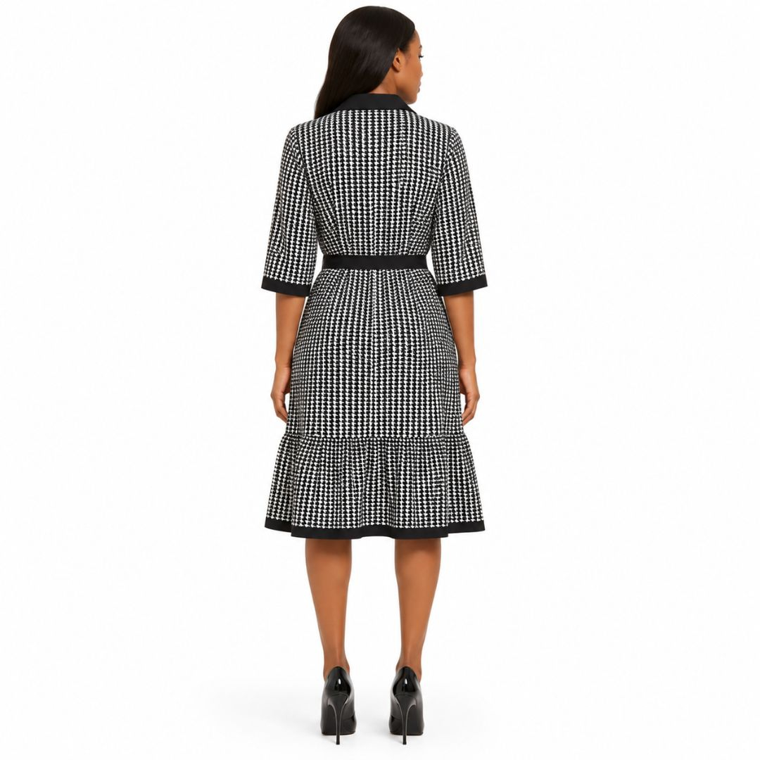 Women Houndstooth Belted Shirt Dress