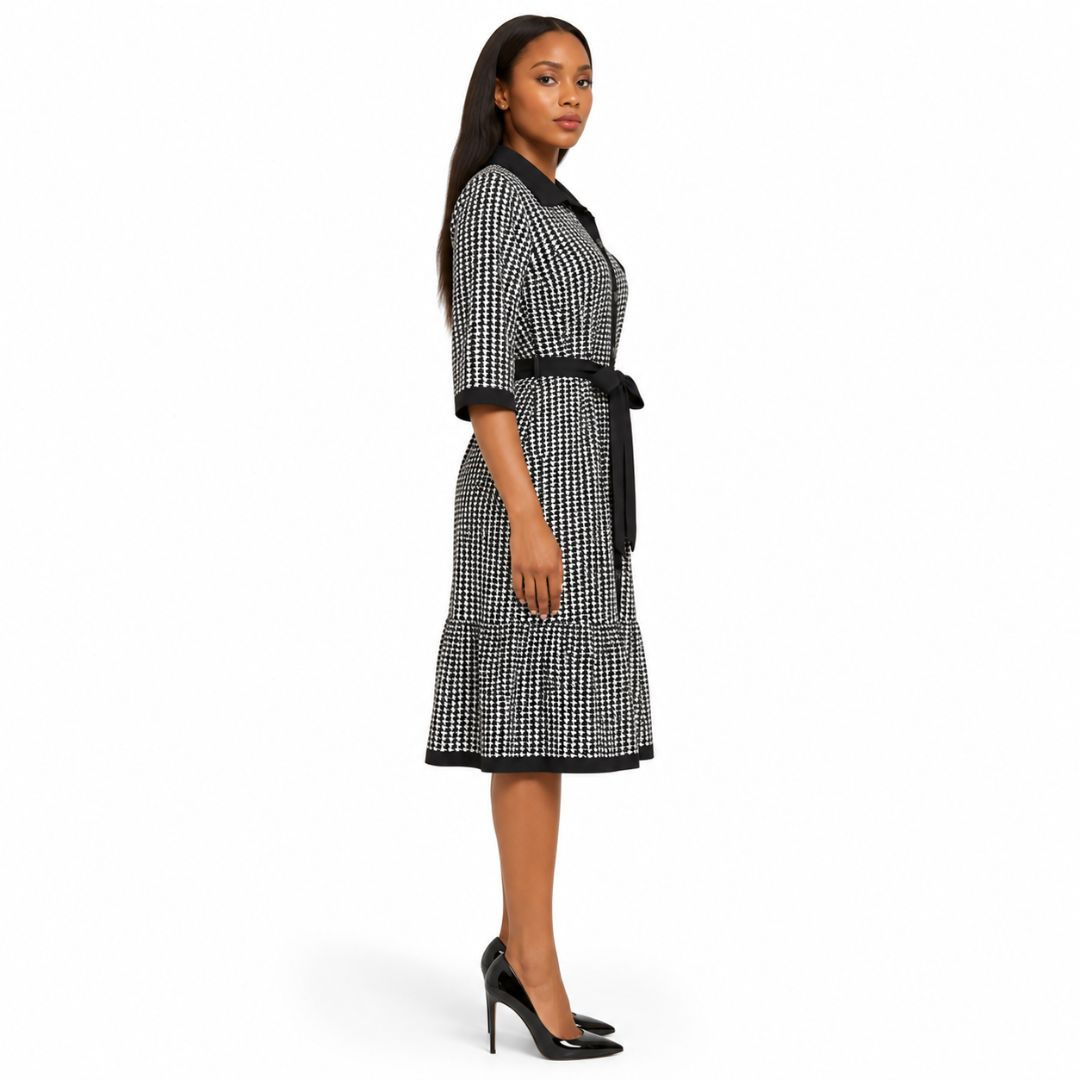 Women Houndstooth Belted Shirt Dress