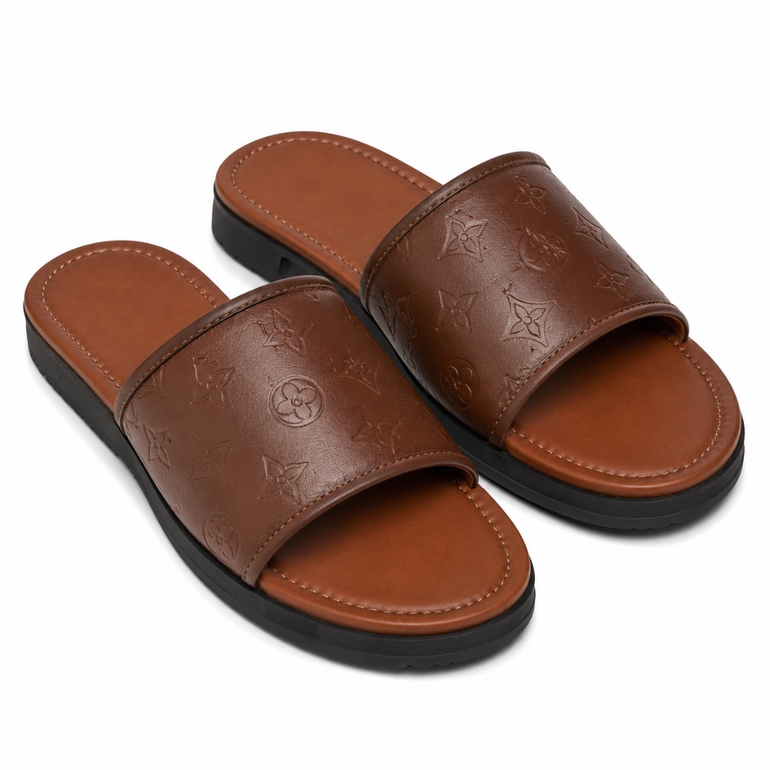 Premium Brown Monogram Mens Slide Slippers