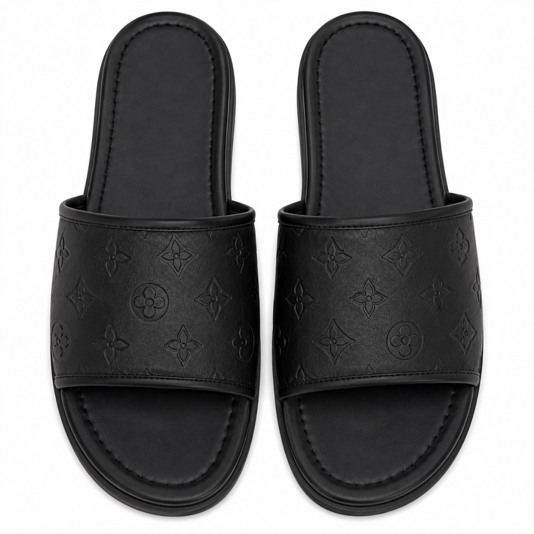 Premium Black Monogram Mens Slide Slippers