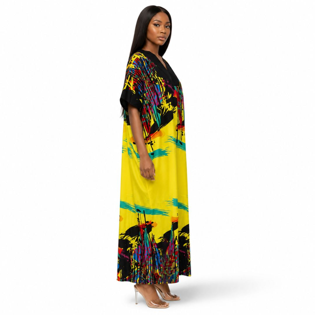 Multicolour Abstract Print Maxi Kaftan Dress