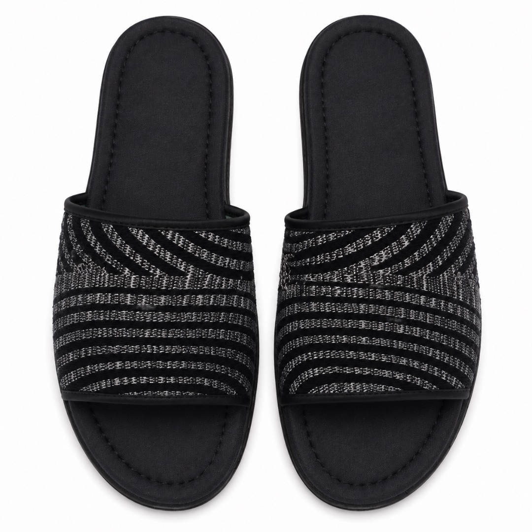 Premium Black Woven Mens Slide Slippers