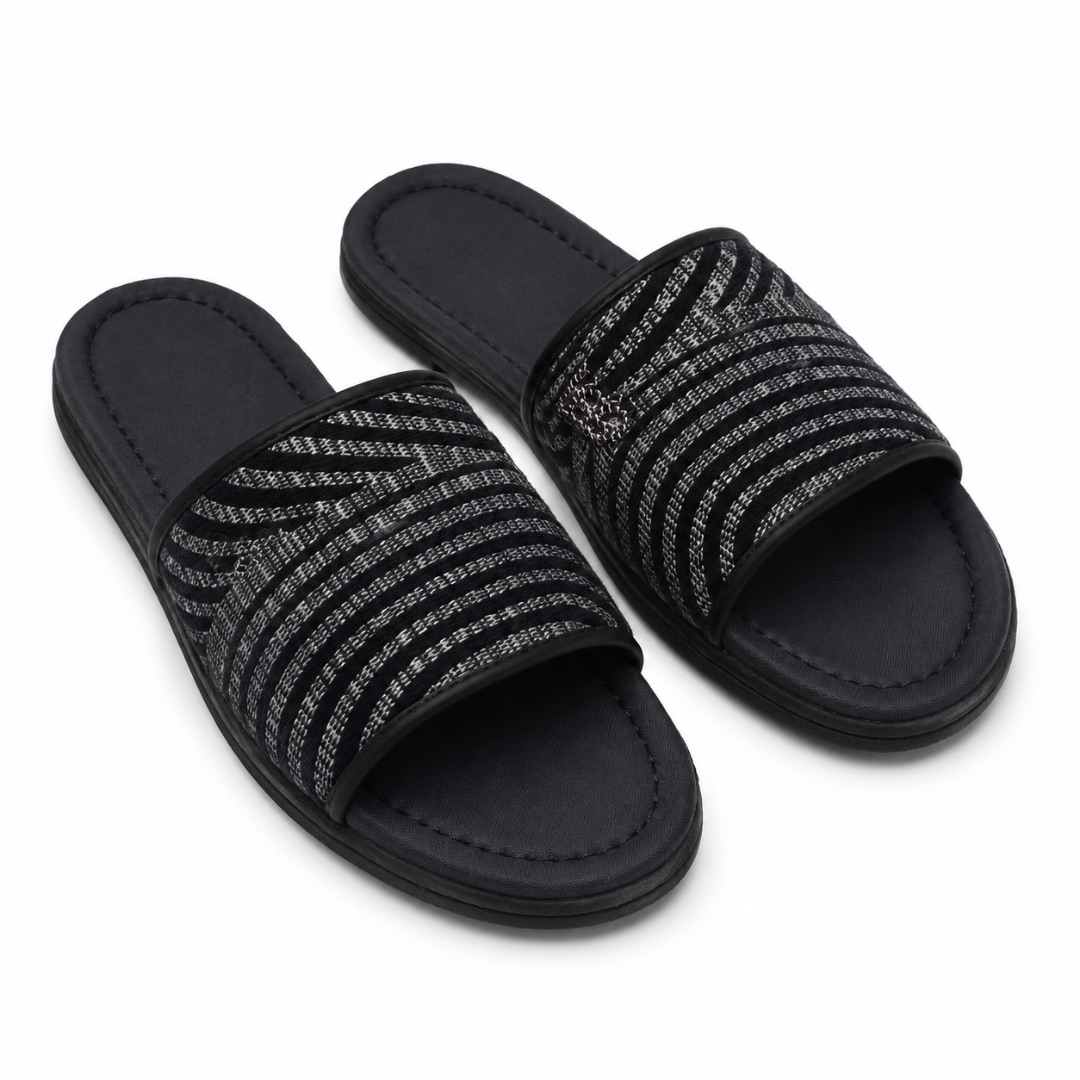Premium Black Woven Mens Slide Slippers