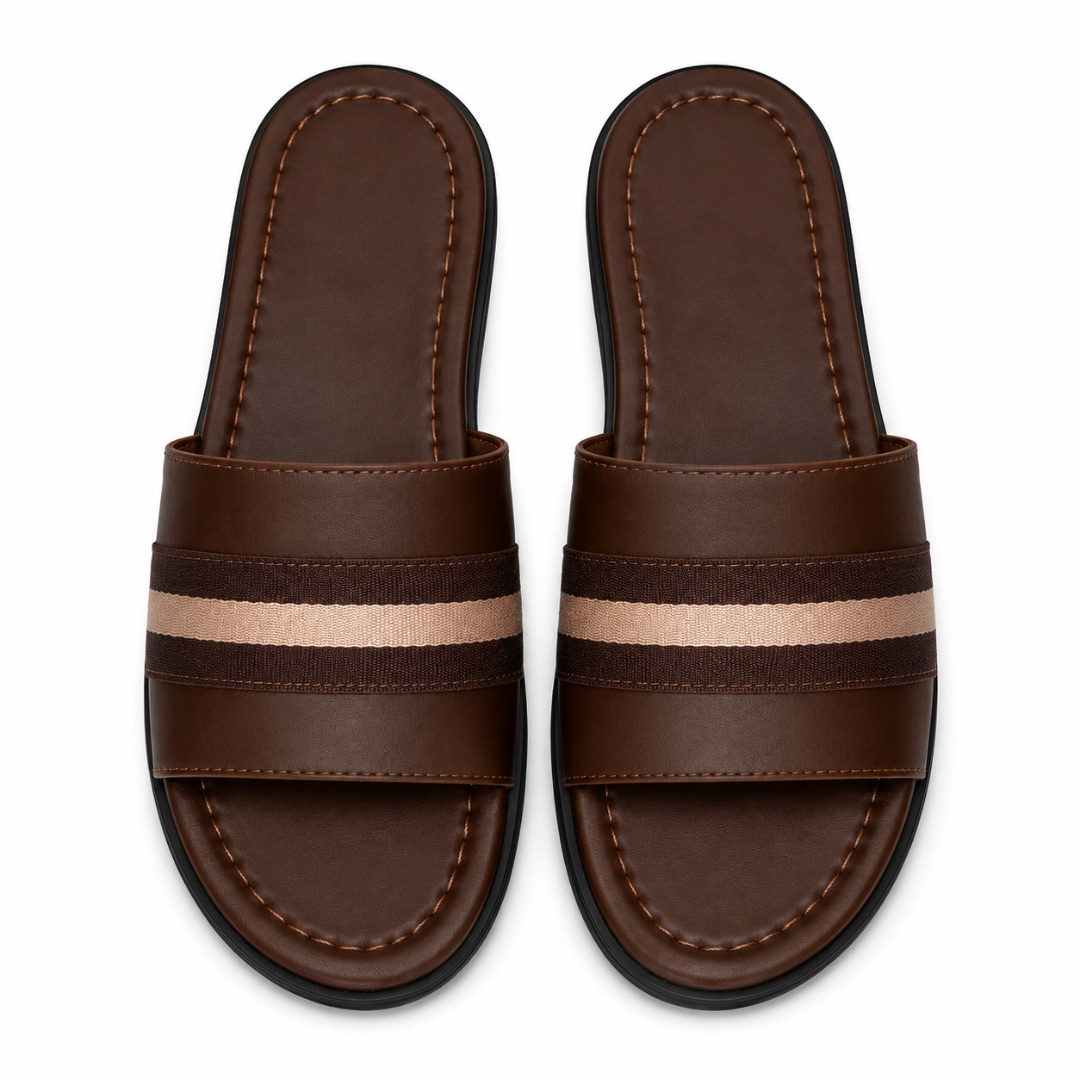 Premium Brown Stripe Mens Slide Slippers