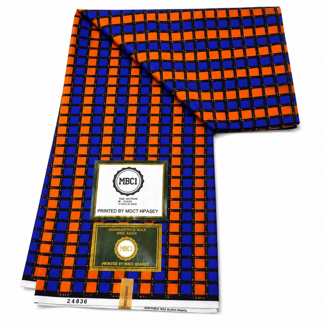 6 Yards of MBCI Geometric Design Ankara Fabric Orange and Blue Rectangular Pattern