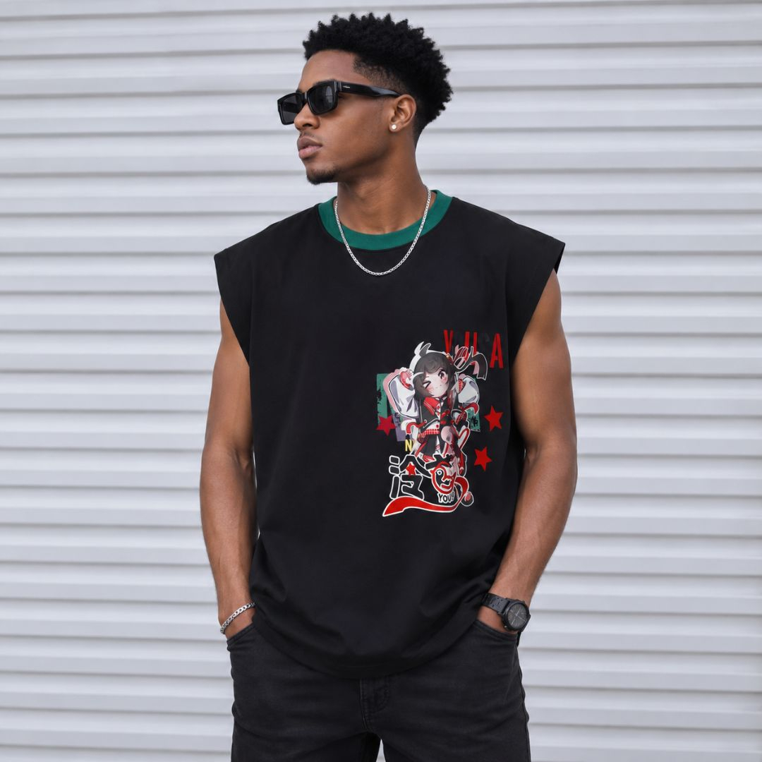 Mens Sleeveless Anime Graphic Crew Neck Casual Tank Top