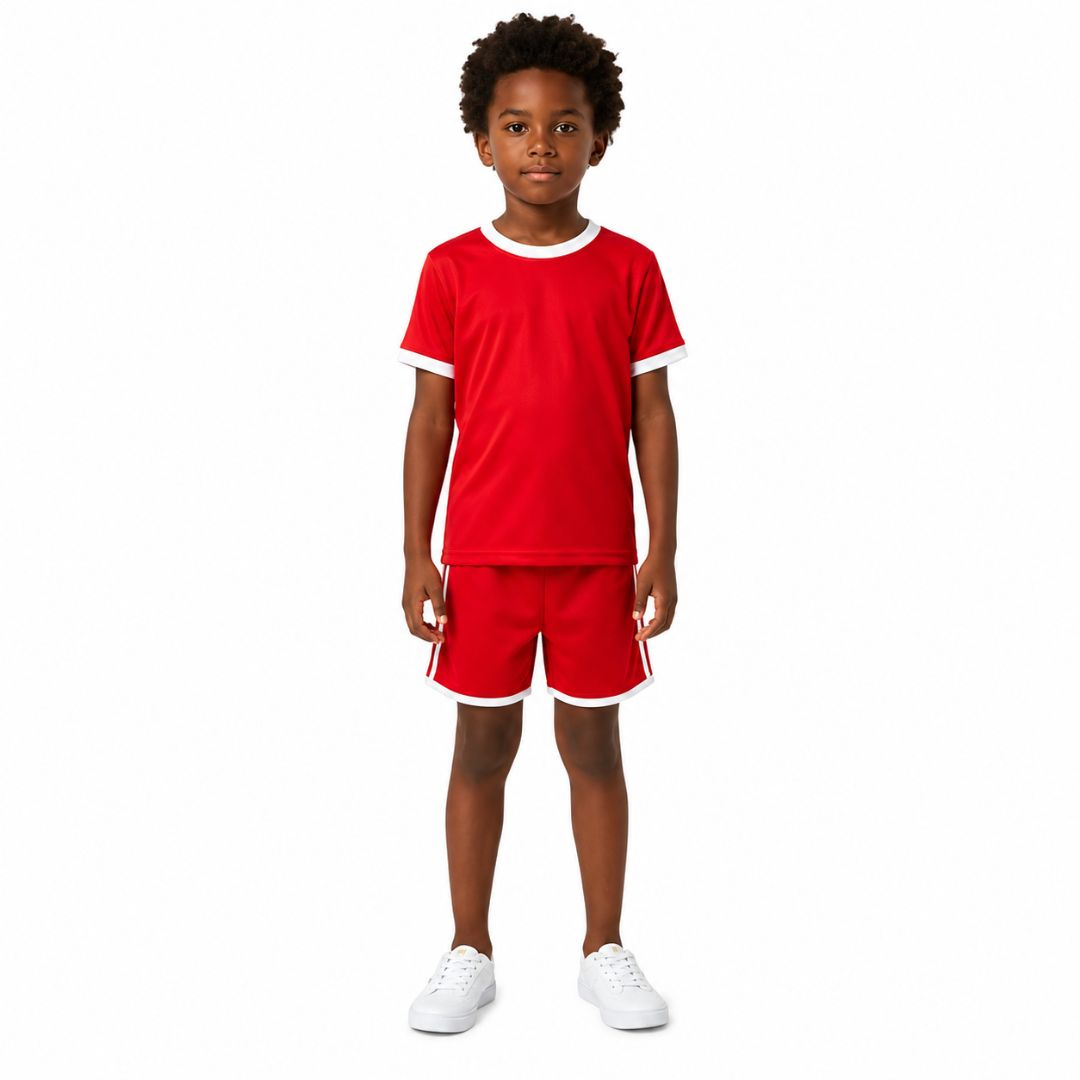 Kids Red Short Sleeve T Shirt and Shorts with White Trim Sports Set