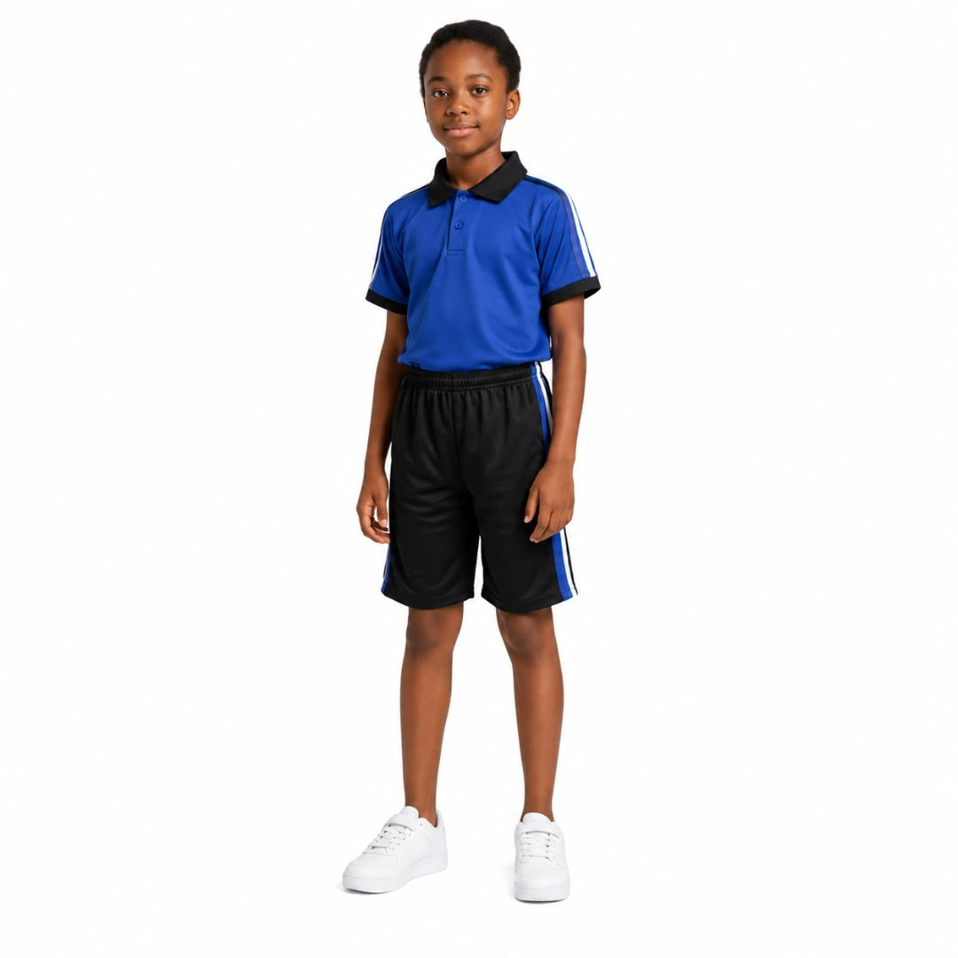 Kids Two Piece Royal Blue Polo Shirt and Black Shorts sports set