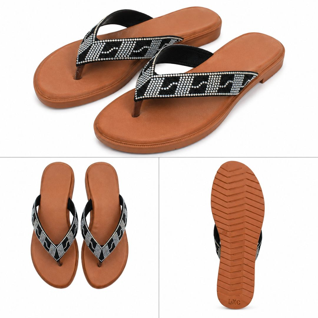 Womens Black Rhinestone Toe Post Flat Sandals