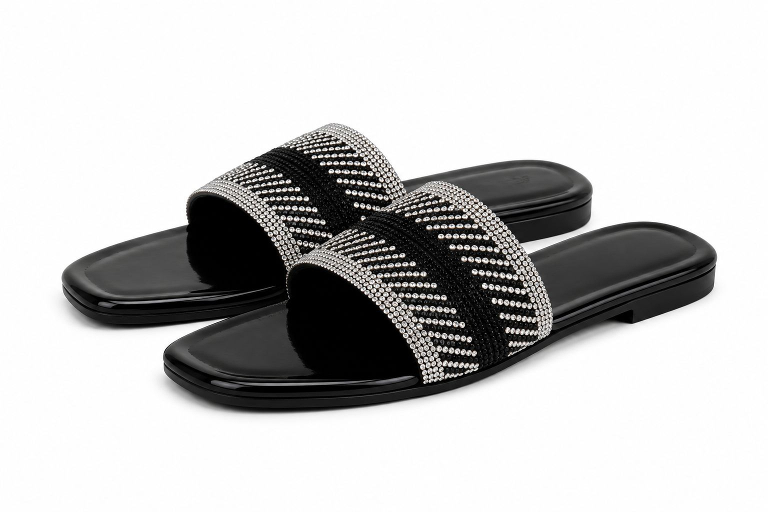 Womens Black Rhinestone Double Strap Flat Slide Sandals