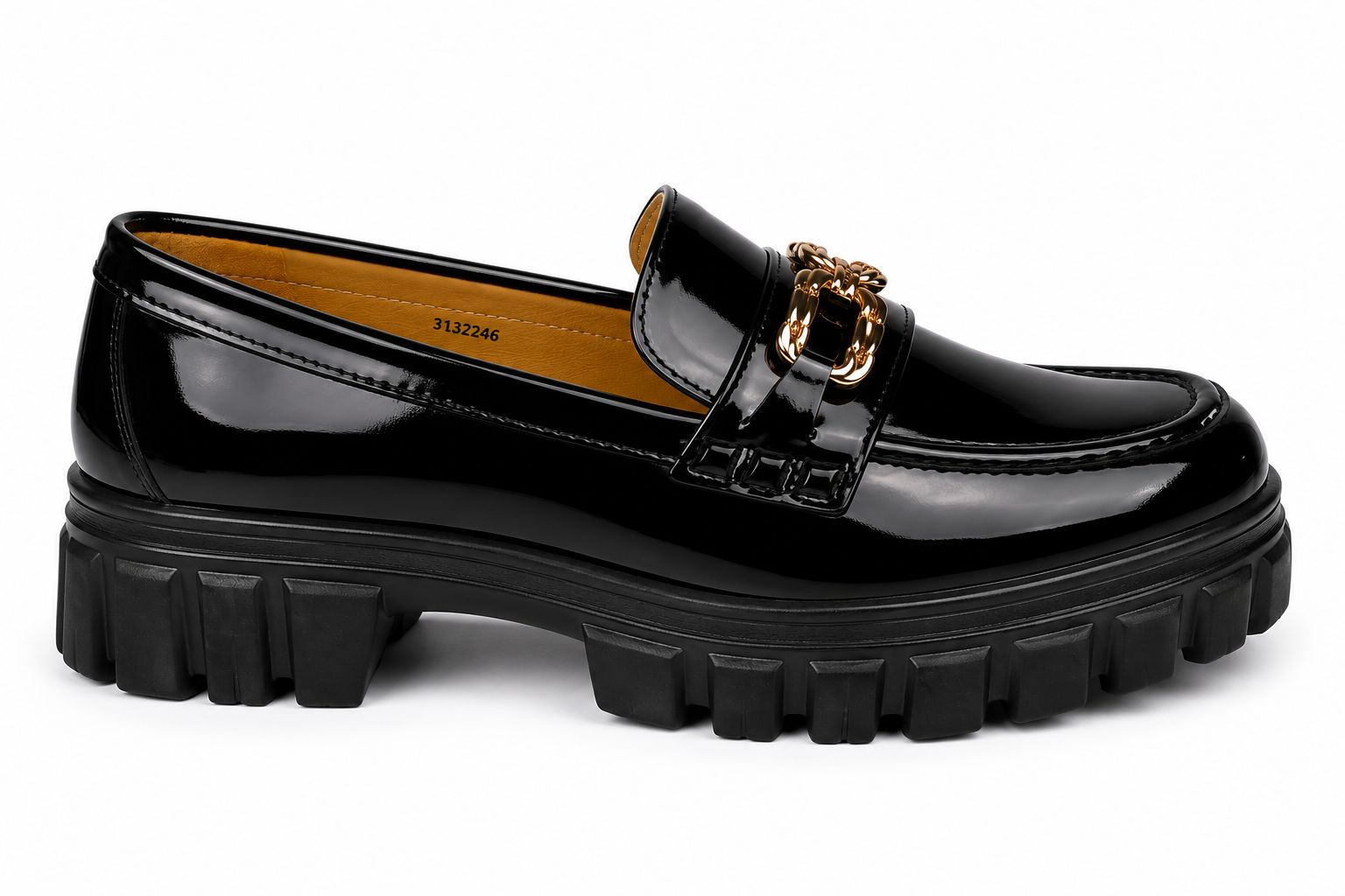 Womens Premium Patent Leather Gold Chain Platform Loafers