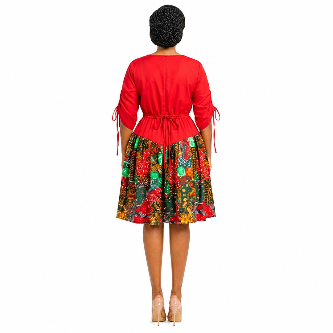 Red Flutter Sleeve Dress with Patterned Border Hem