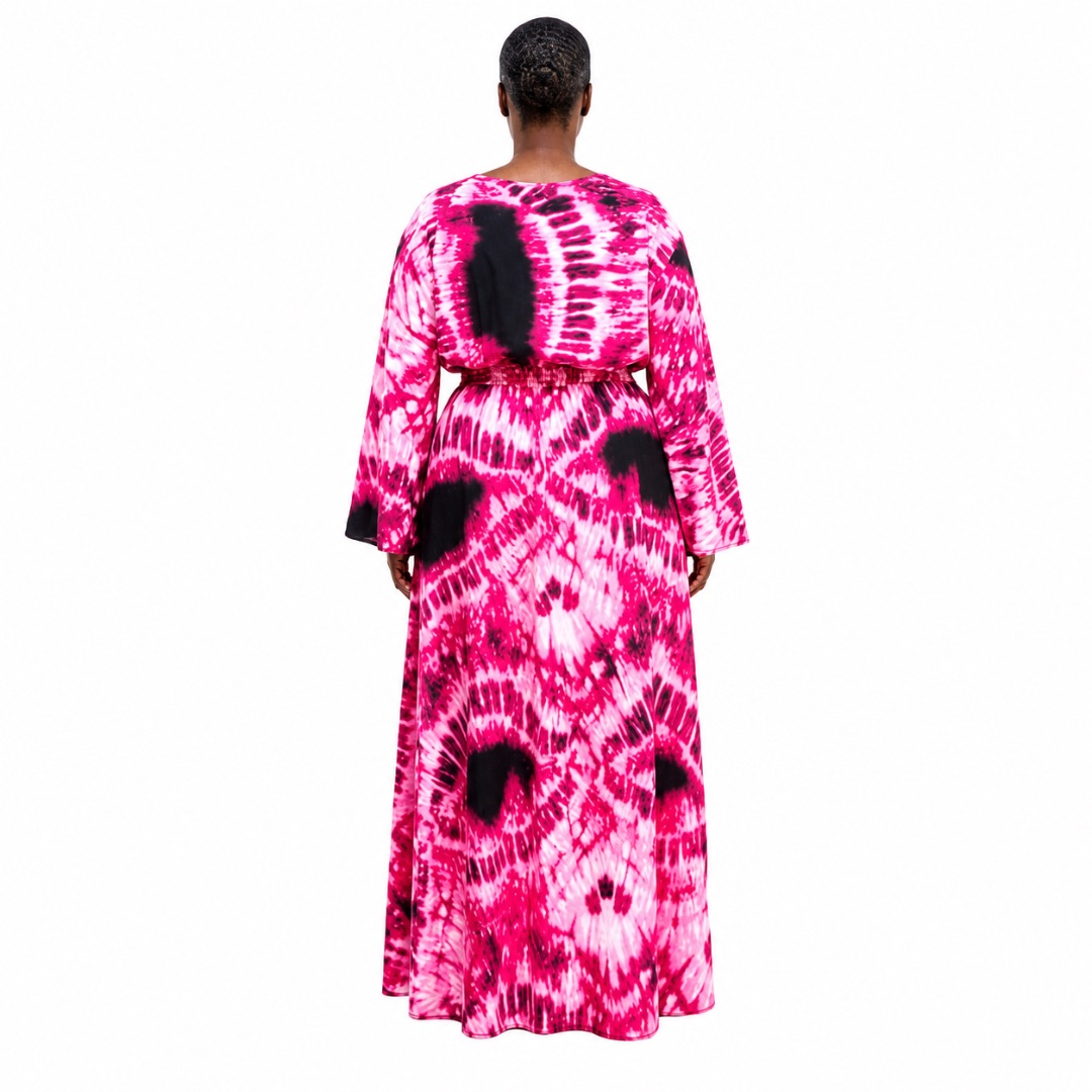 Pink and Black Tie Dye Maxi Dress with Flare Sleeves