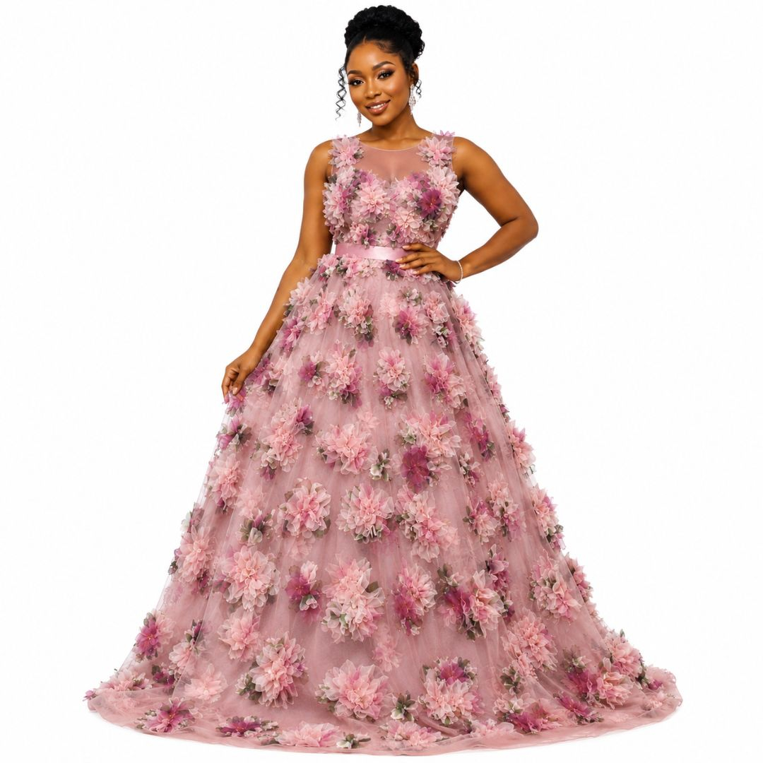 Luxury Blush Pink 3D Floral Embellished Fancy Mesh Fabric