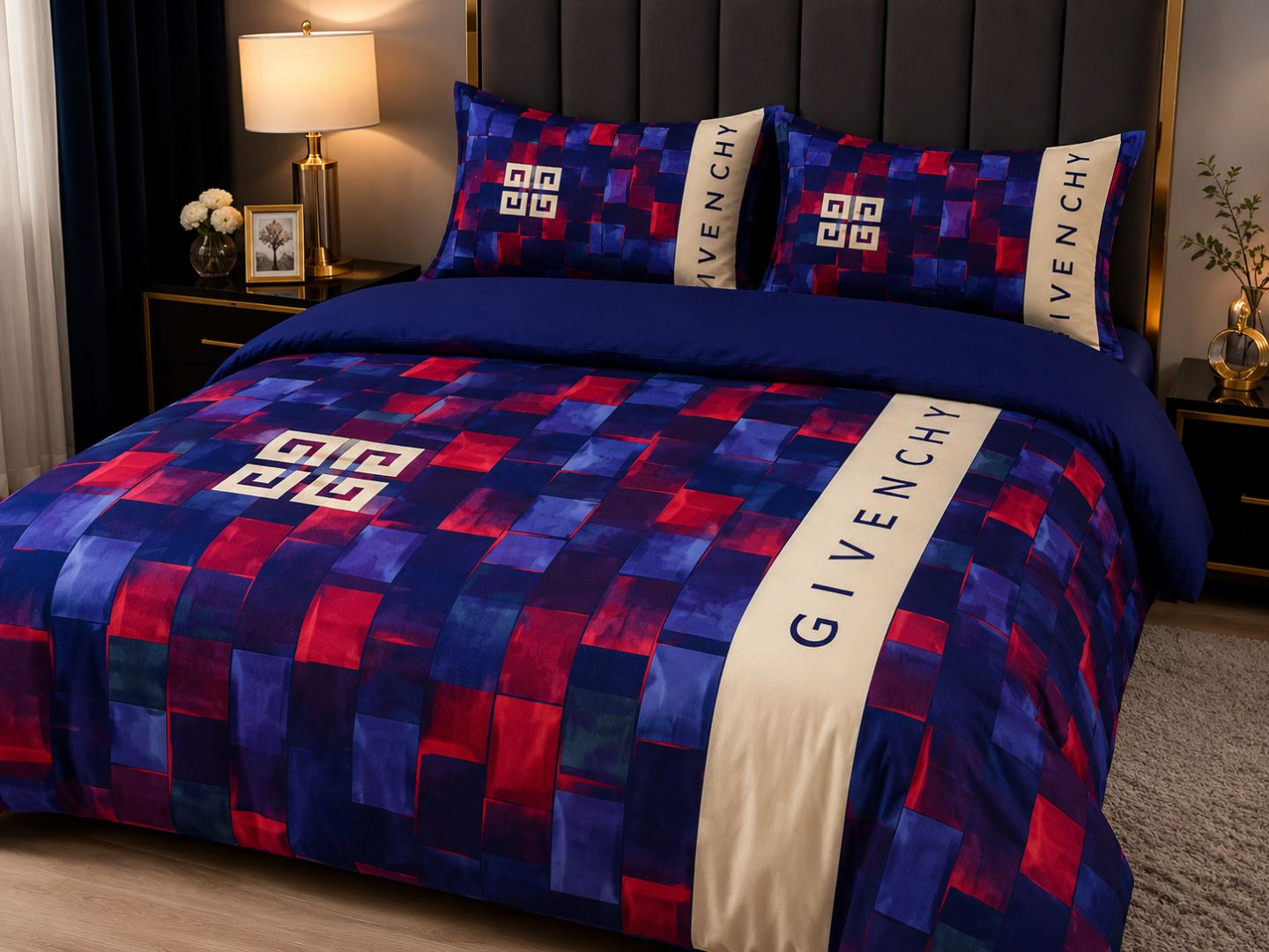 Navy Blue and Red Geometric Print Bedding Material with Cream Vertical Panel