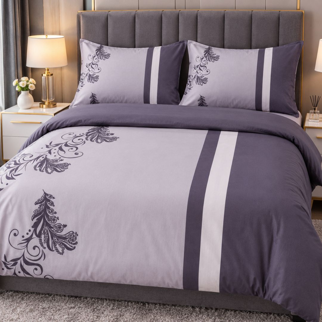 Grey and White Floral Print Bedding Material with Vertical Stripe Design