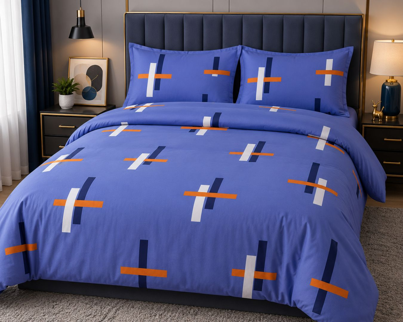 Blue Abstract Geometric Print Bedding Material with Orange and White Linear Pattern