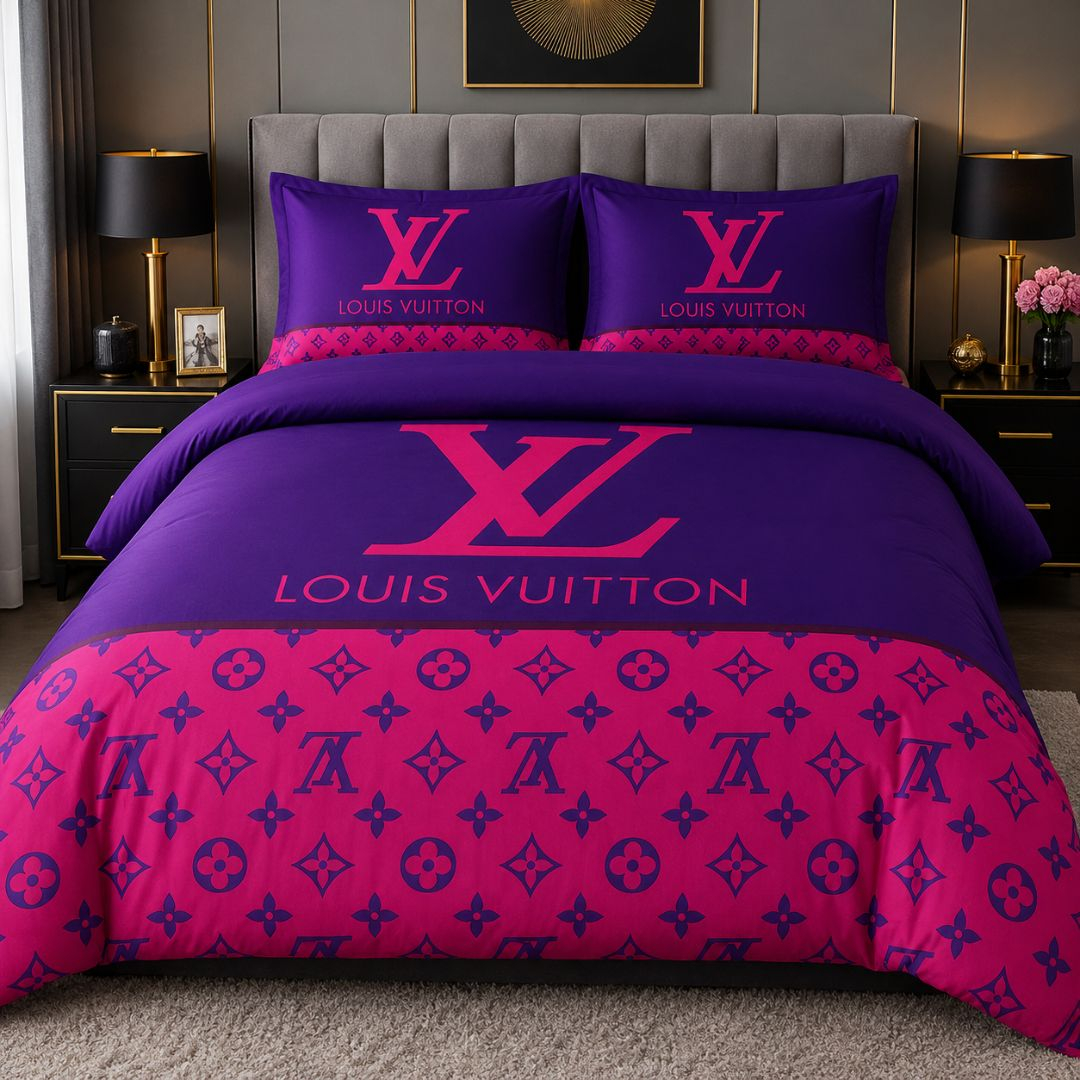 Purple and Pink Monogram Print Bedding Material with Large Letter Logo Design