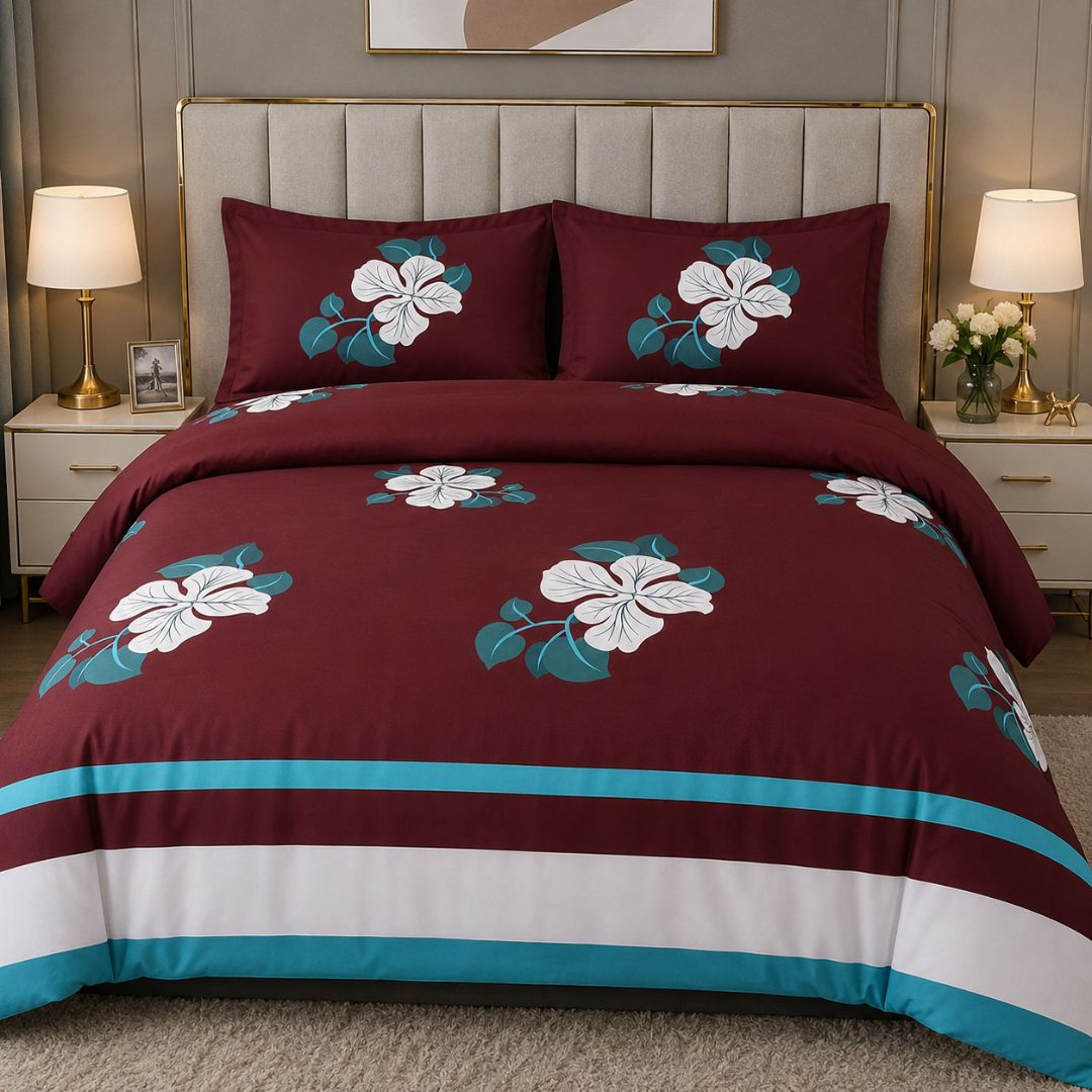Burgundy Floral Print Bedding Material with White and Teal Border Design