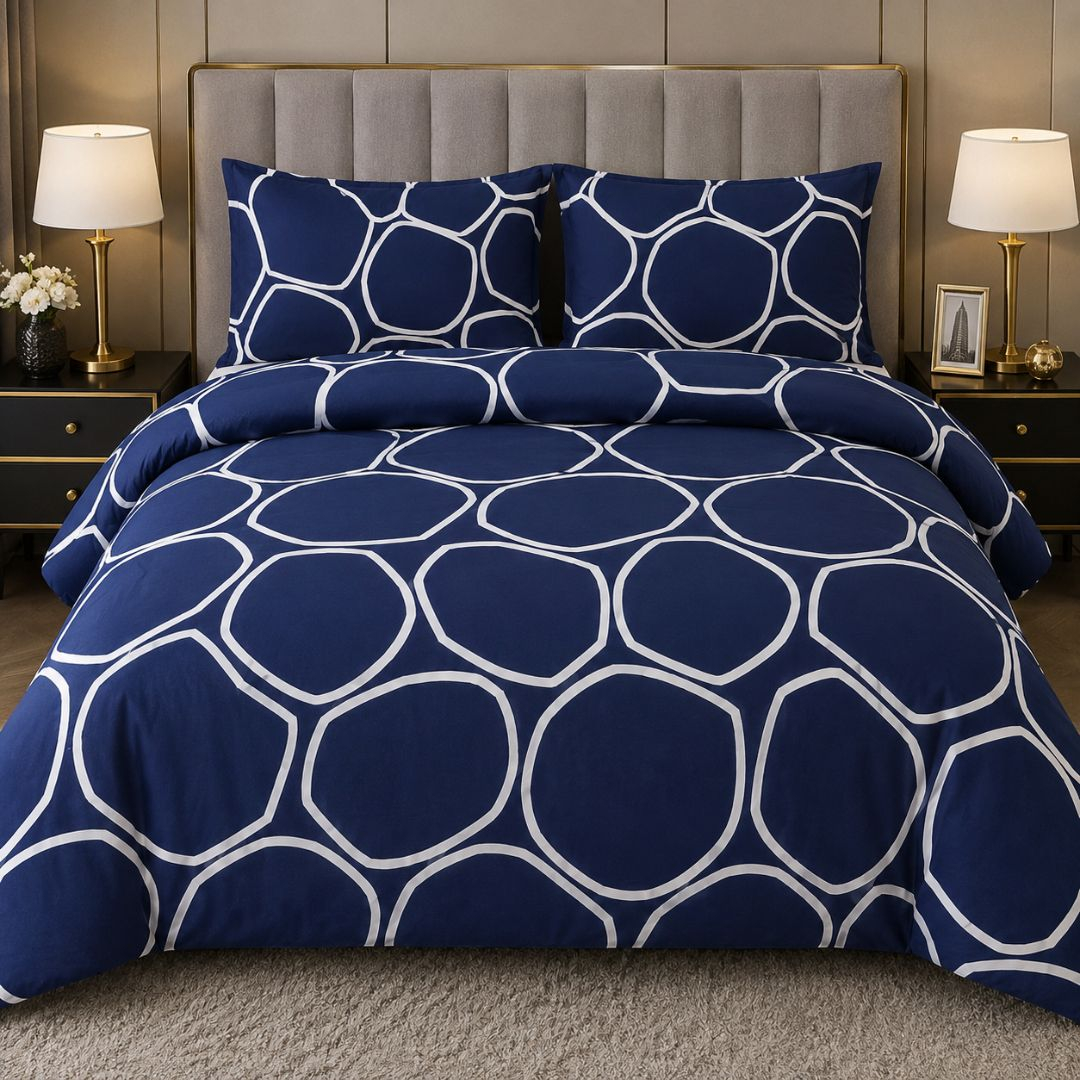 Navy Blue Abstract Pebble Print Bedding Material with White Outline Pattern