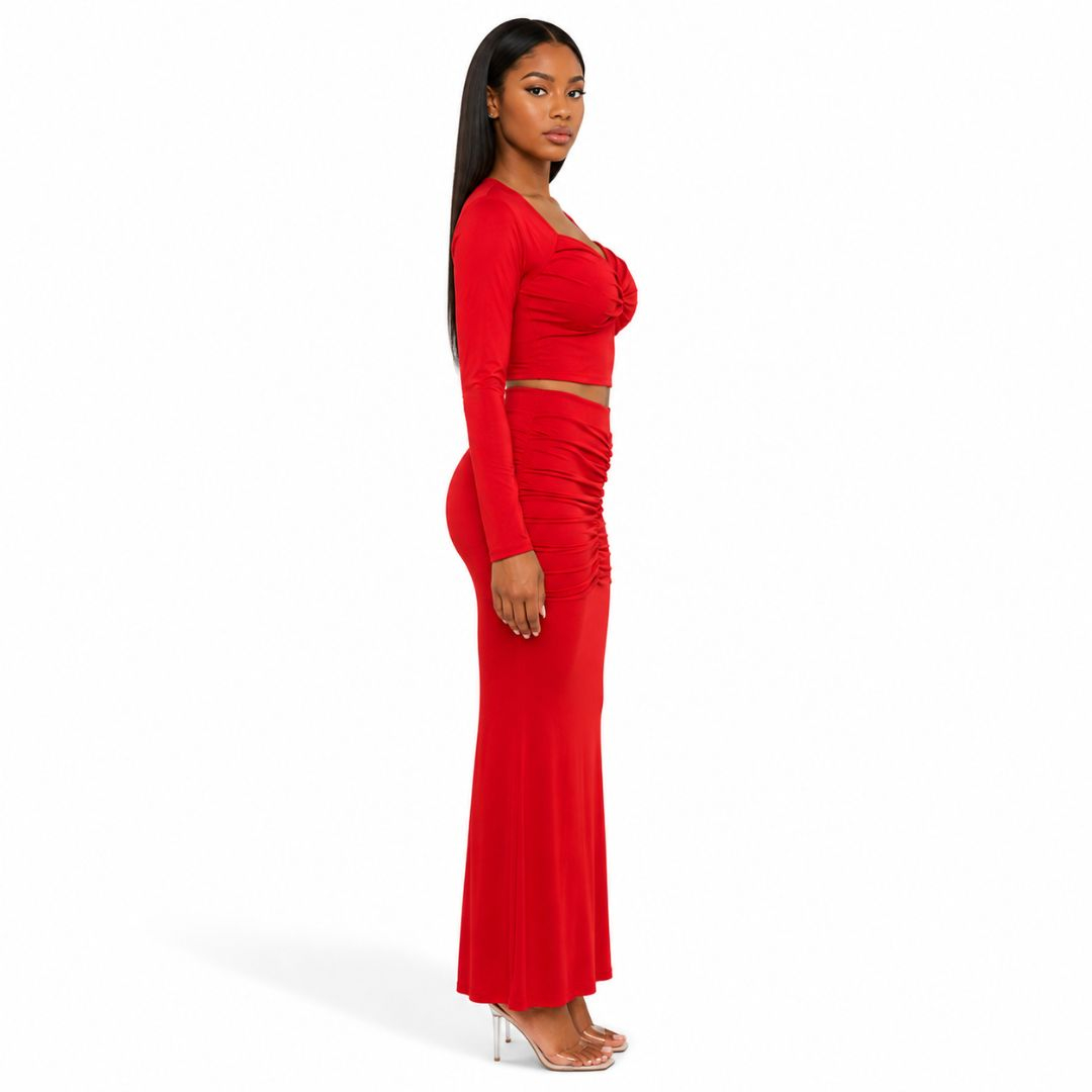 Scarlet Ruched Crop Top & Midi Skirt Set