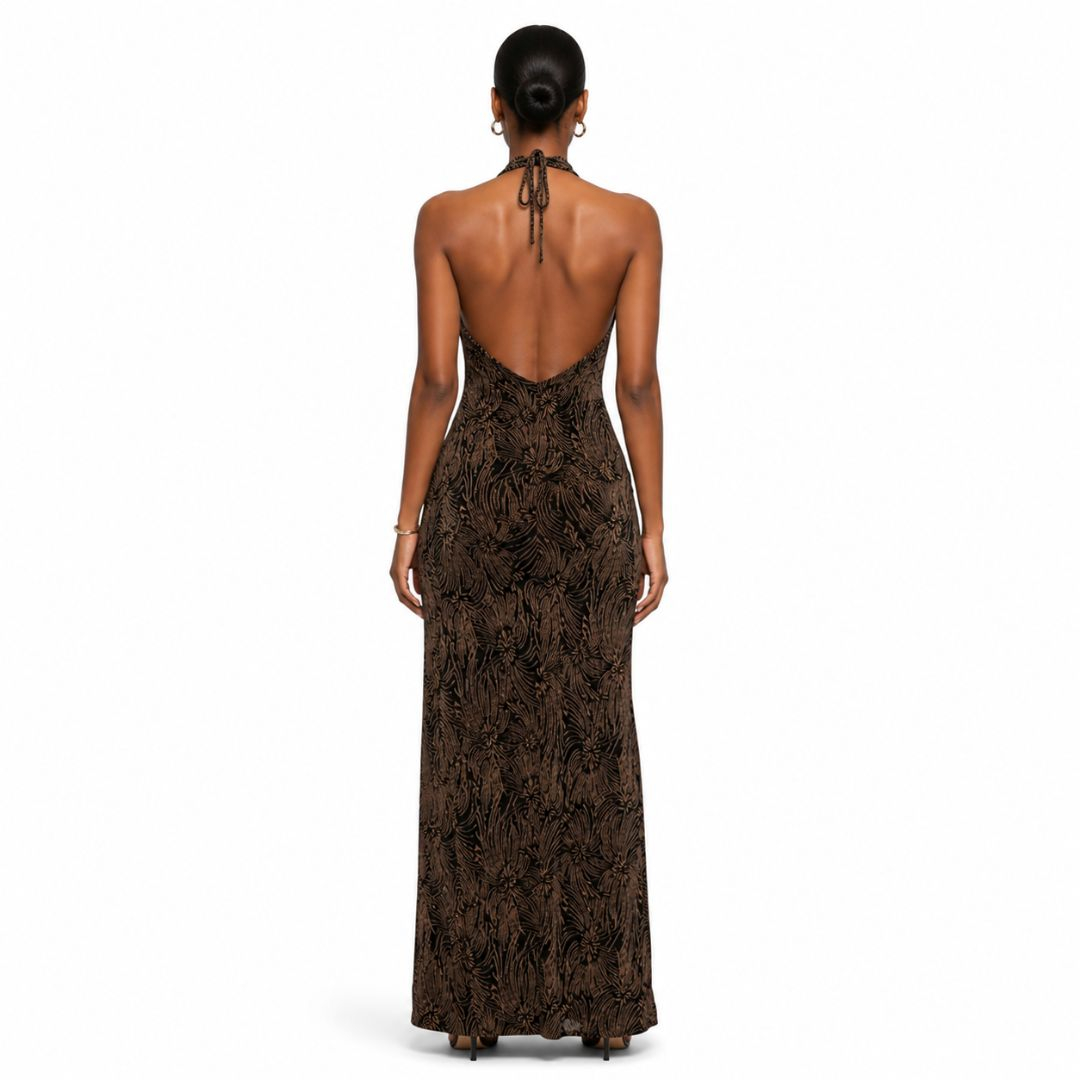 Golden Shimmer Halter Maxi Dress