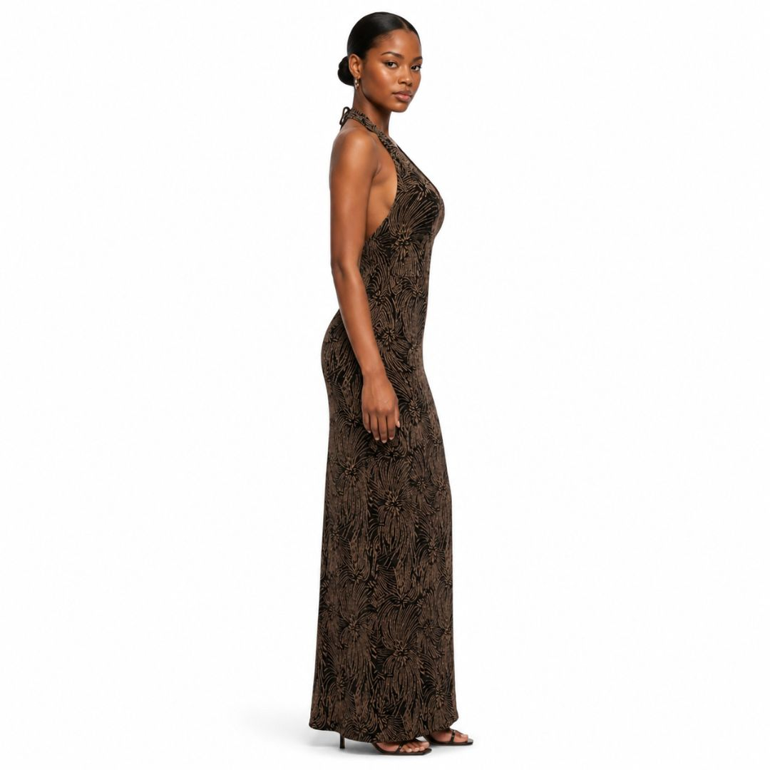 Golden Shimmer Halter Maxi Dress