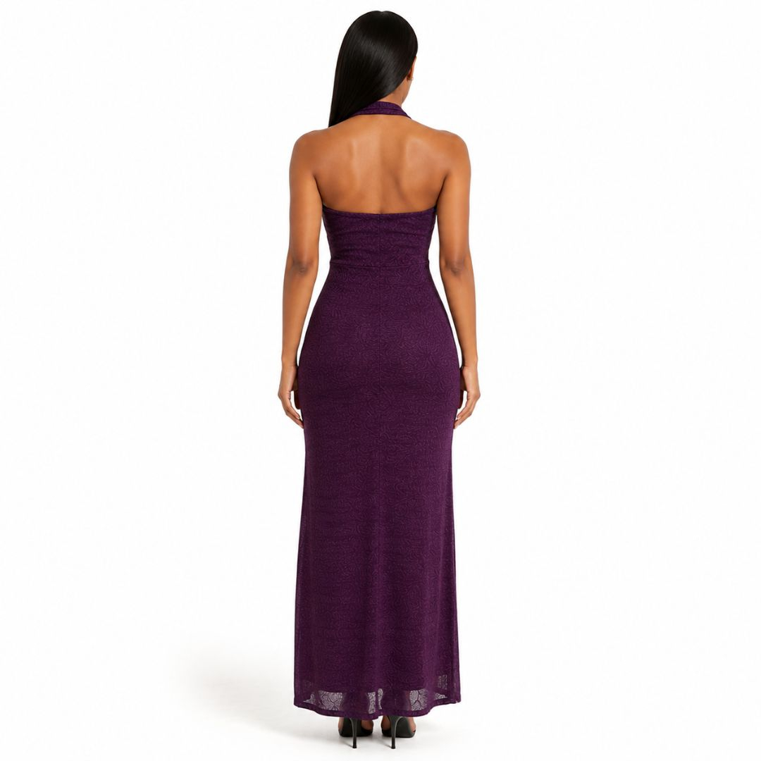 Plum Shimmer Halter Midi Dress
