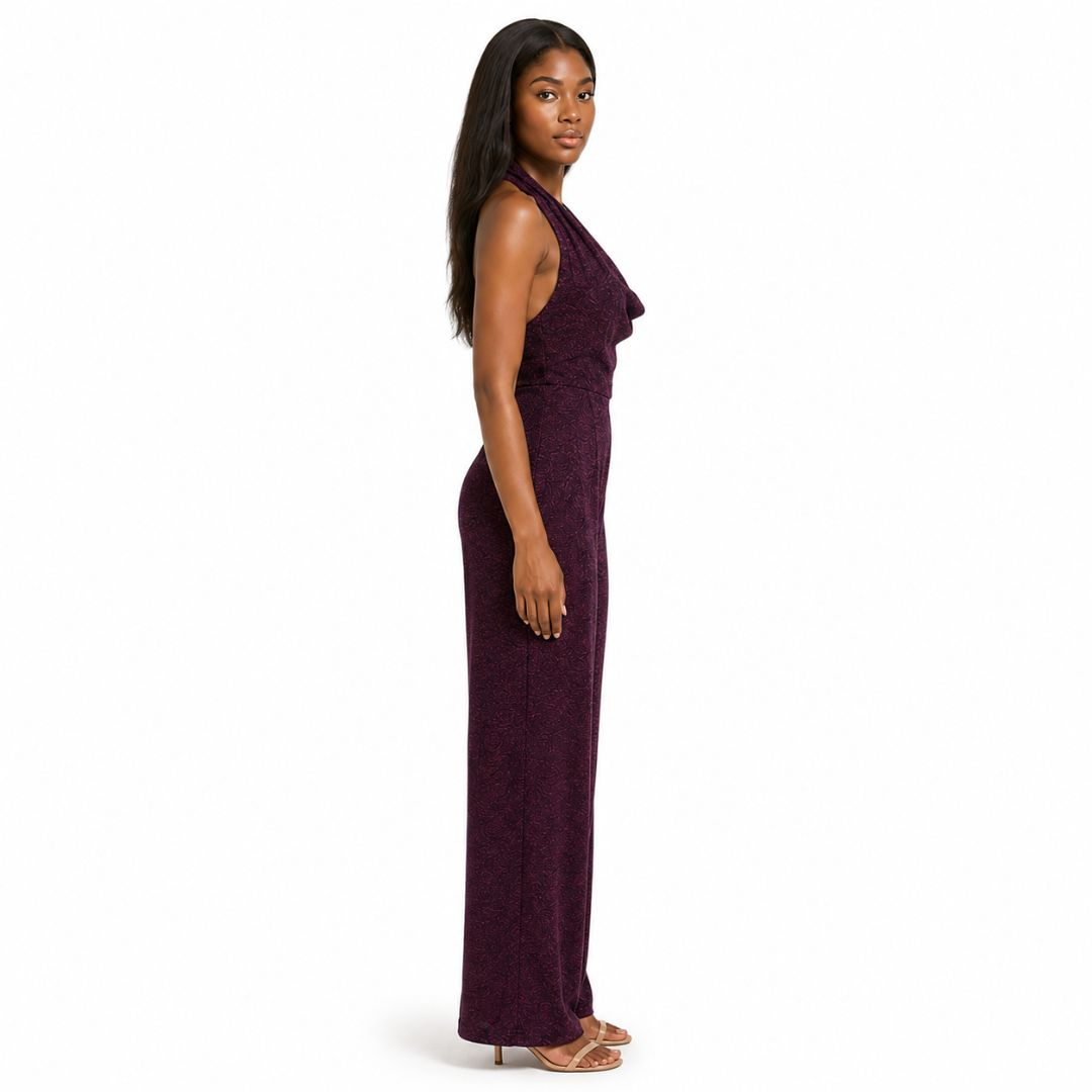 Plum Shimmer Halter Wide Leg Jumpsuit