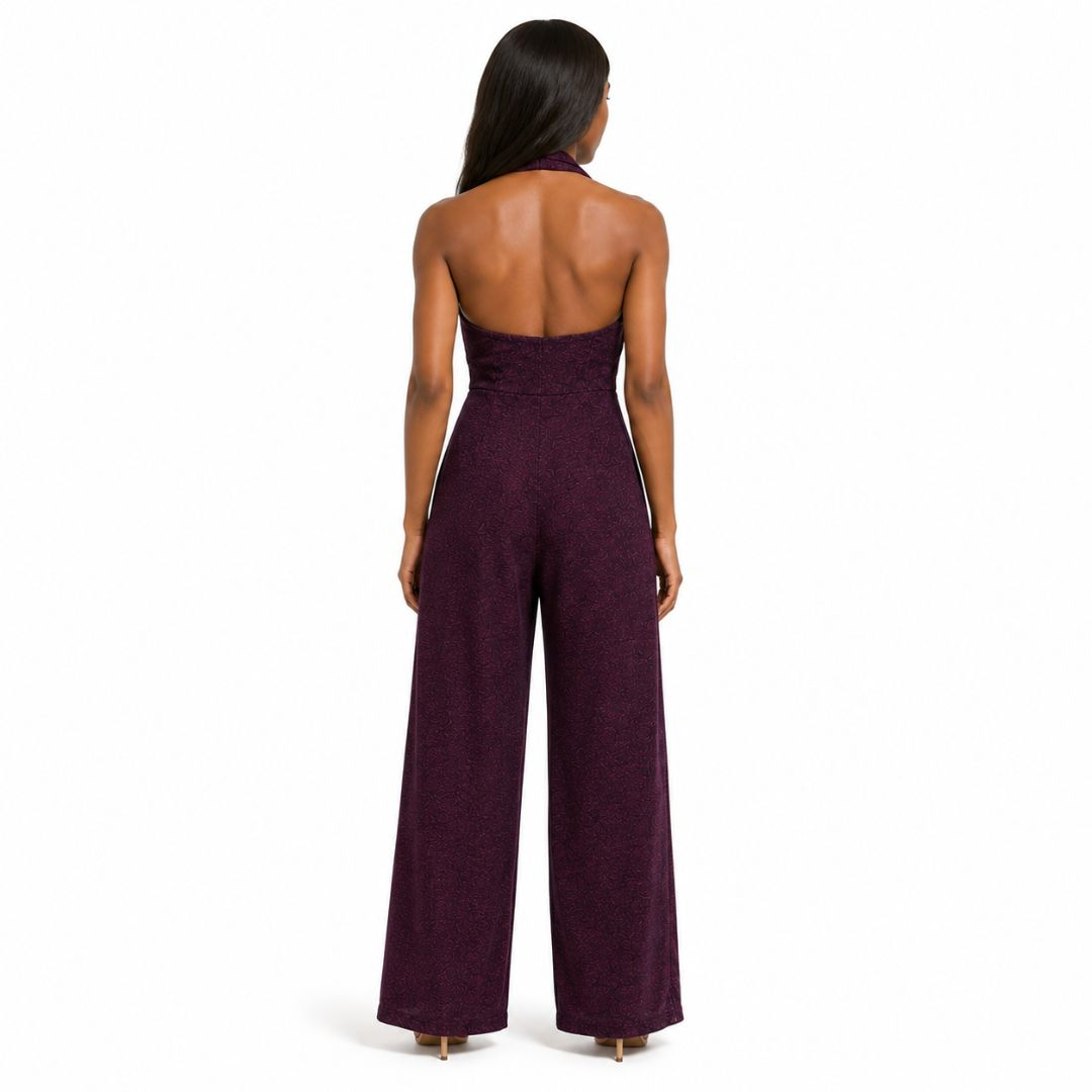 Plum Shimmer Halter Wide Leg Jumpsuit