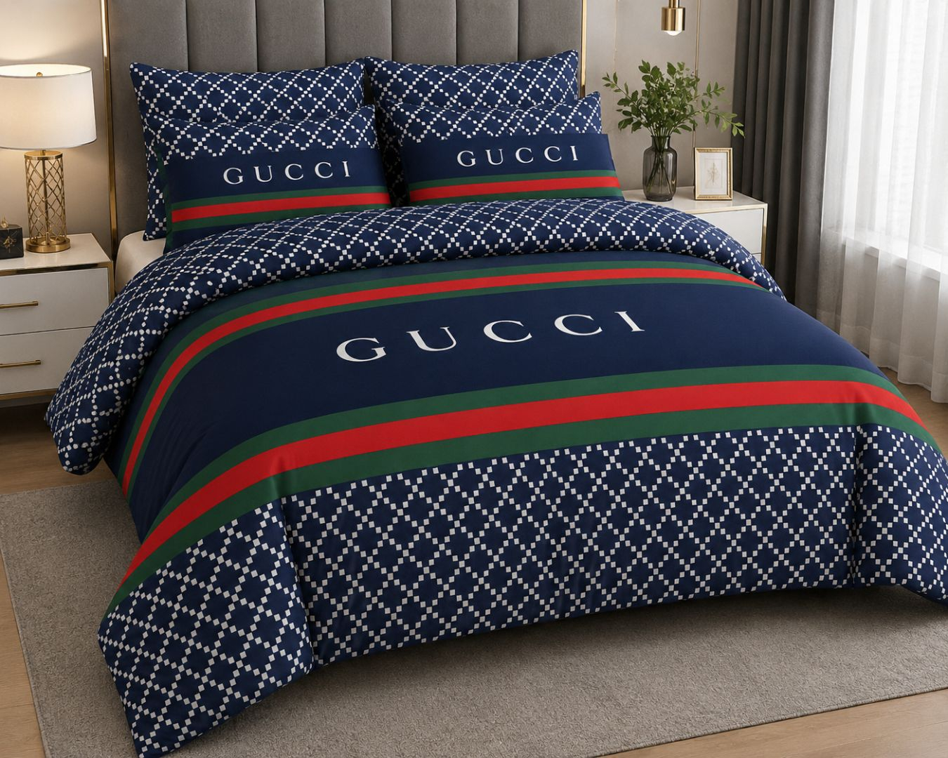 Navy Blue Geometric Print Bedding Material with Green and Red Stripe Design
