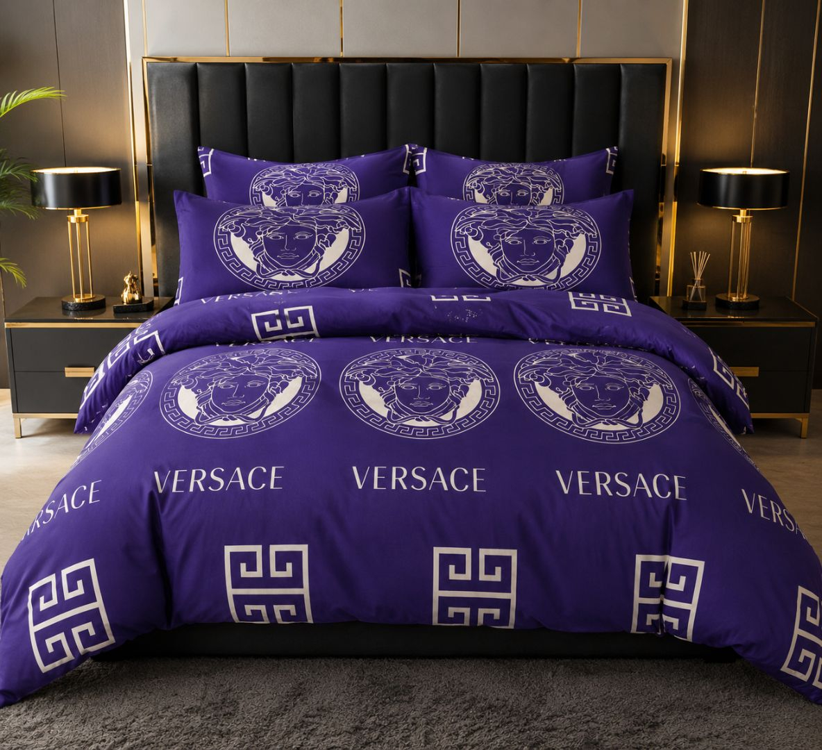 Luxury Royal Purple Medusa Greek Key Printed Bedding Fabric