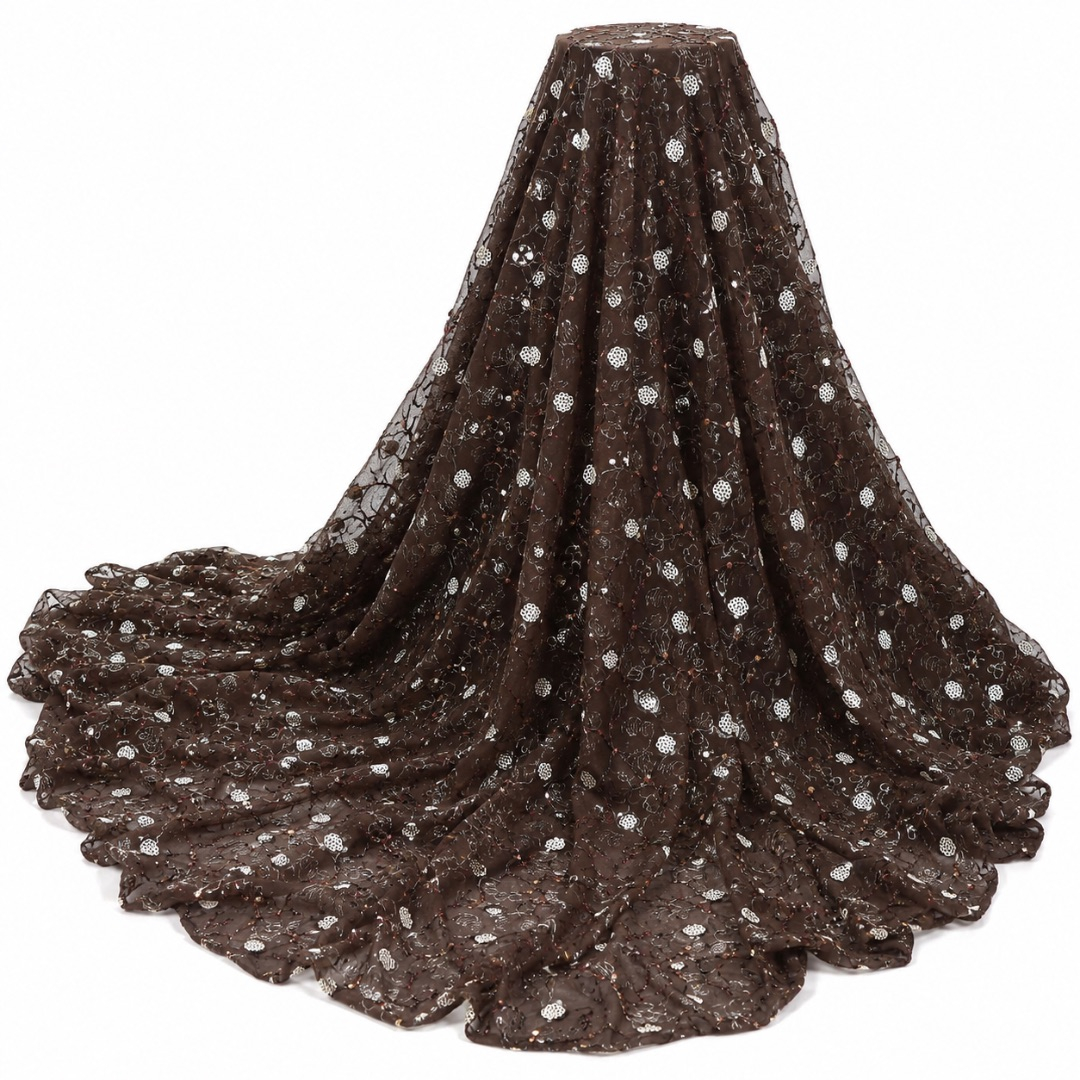 Premium Brown Sequin Embroidered Lace Fabric Material