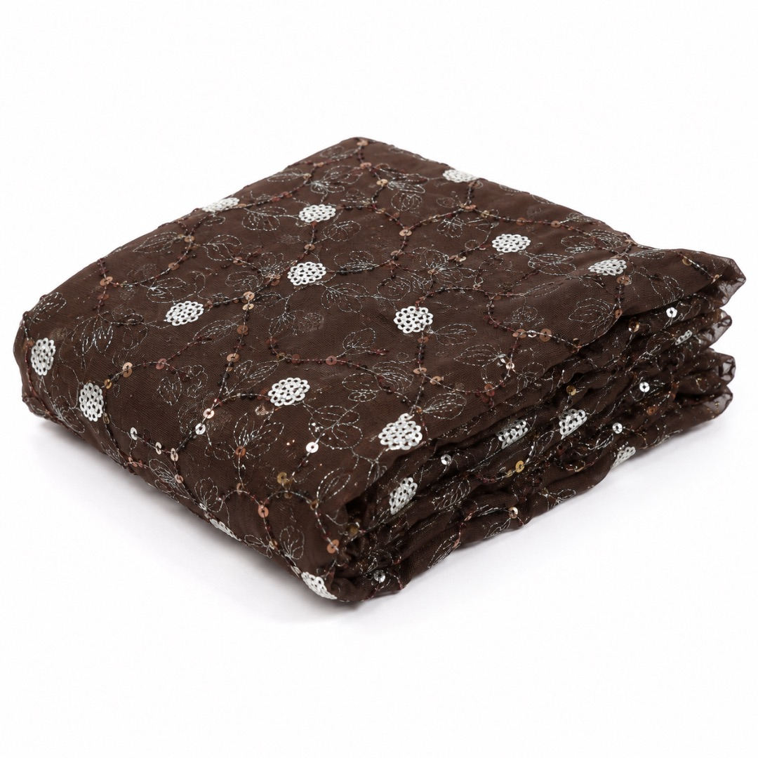 Premium Brown Sequin Embroidered Lace Fabric Material