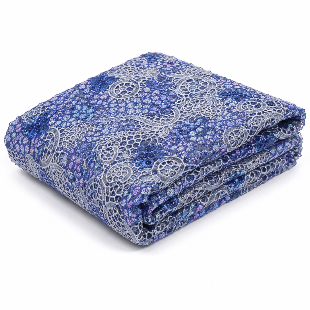 Premium Blue Sequin Embroidered Lace Fabric Material