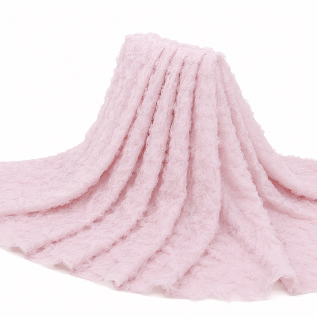 Premium Blush Pink 3D Floral Mesh Fabric Material