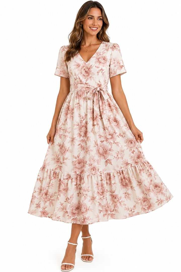 Cream Linen Look Floral Print Fabric, Dusty Rose Botanical Pattern