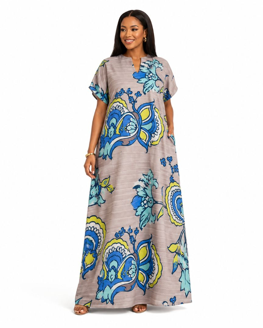 Blue Floral Printed Stripe Linen Material