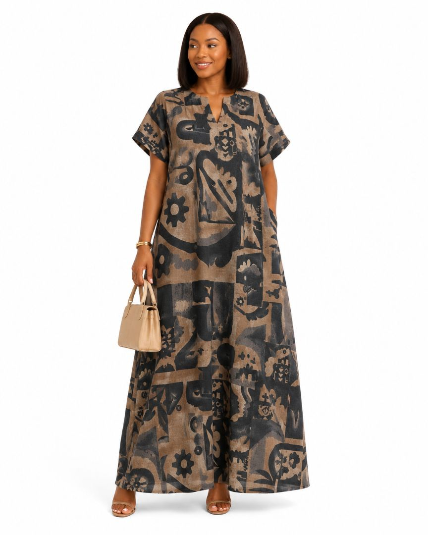 Abstract Geometric Printed Stripe Linen Material, Beige & Charcoal