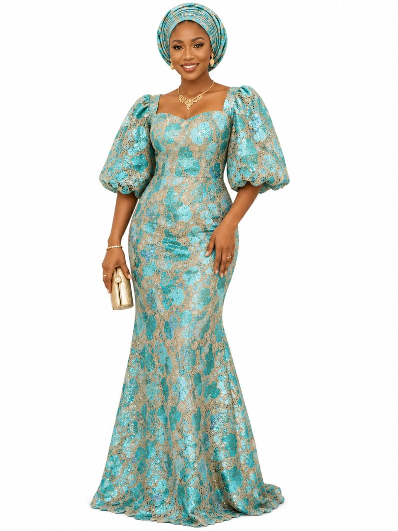 Turquoise Glitter Cord Lace Fabric