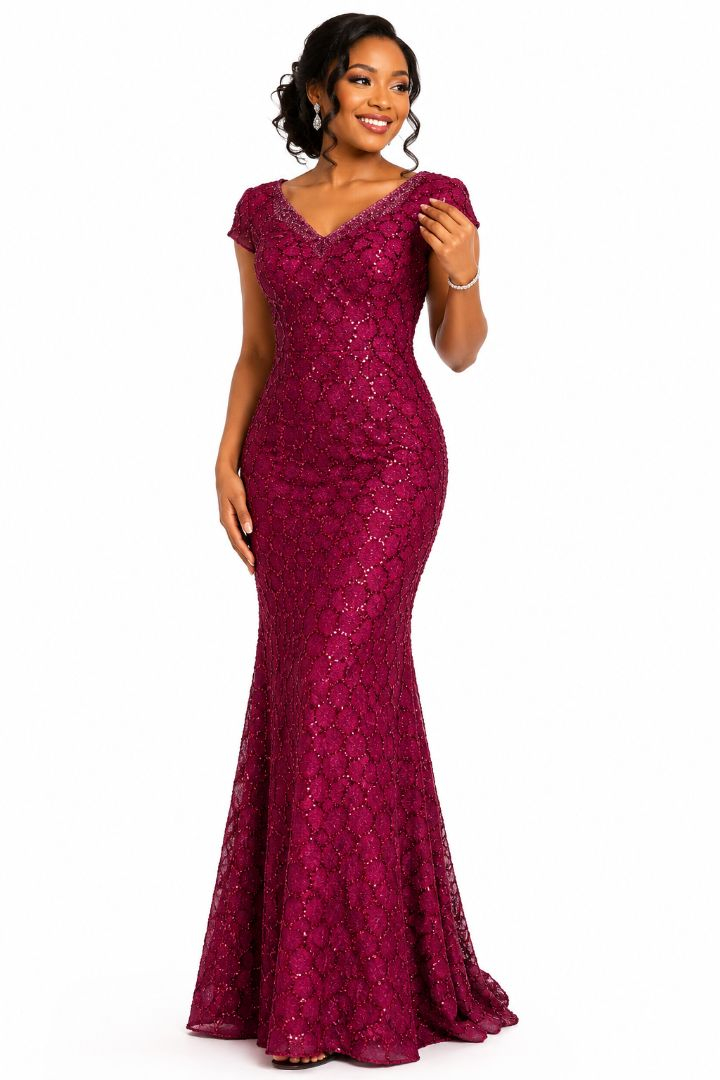 Burgundy Sequined Floral Lace Fabric