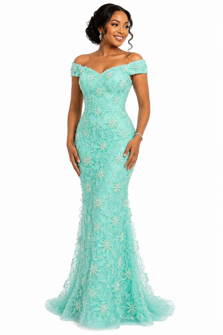 Mint Green Luxury Beaded Floral Mesh Lace Fabric