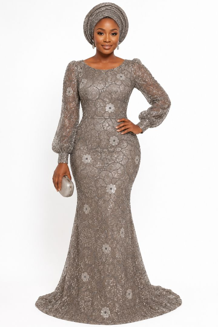 Luxury Silver Grey Floral Beaded Sequin Embroidered Lace Fabric