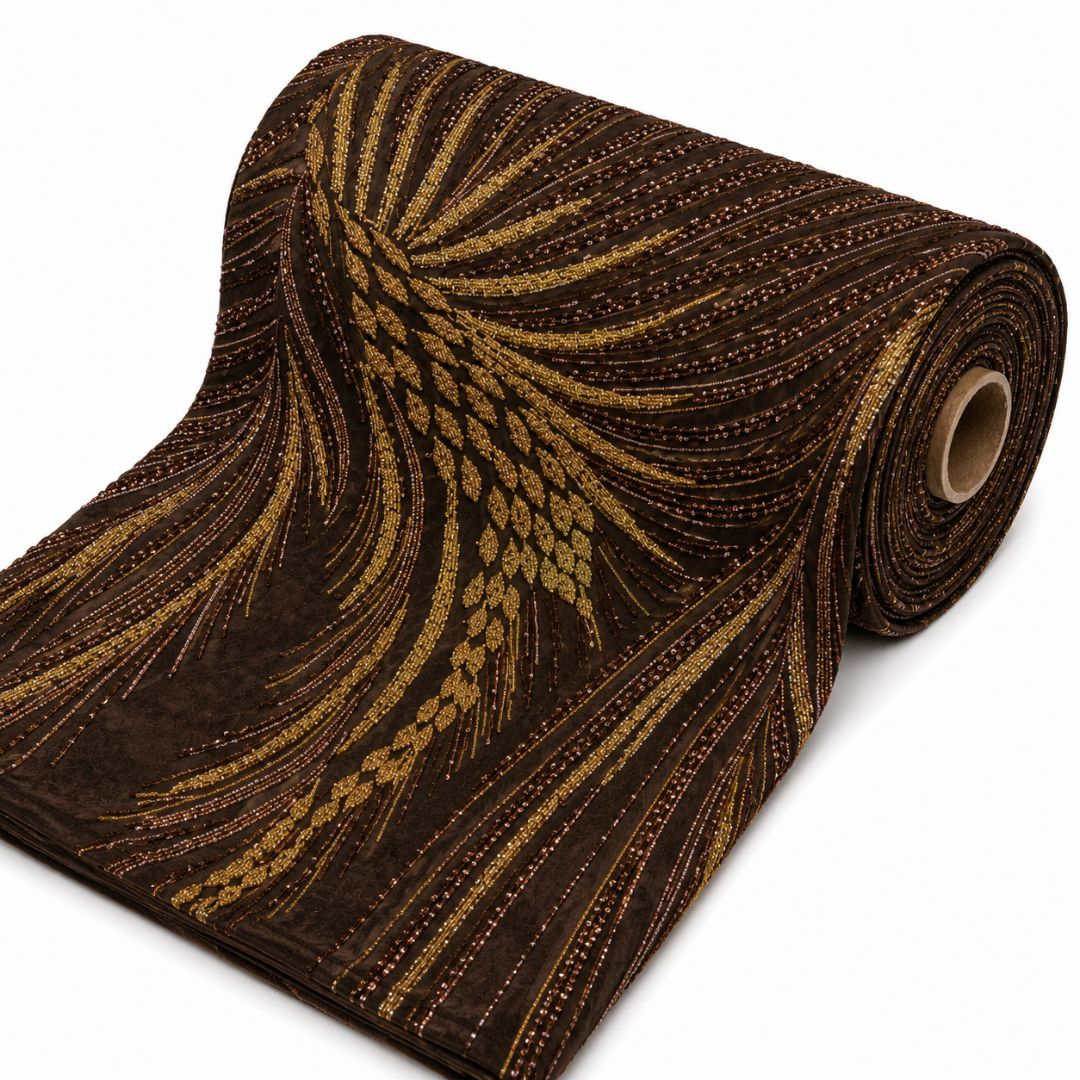 Embroidered Brown Lace Fabric with Gold and Pink Detailing