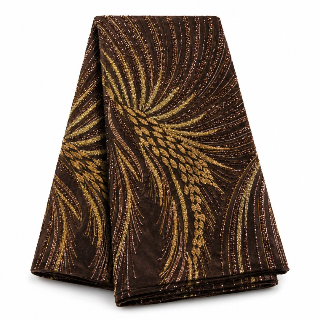 Embroidered Brown Lace Fabric with Gold and Pink Detailing